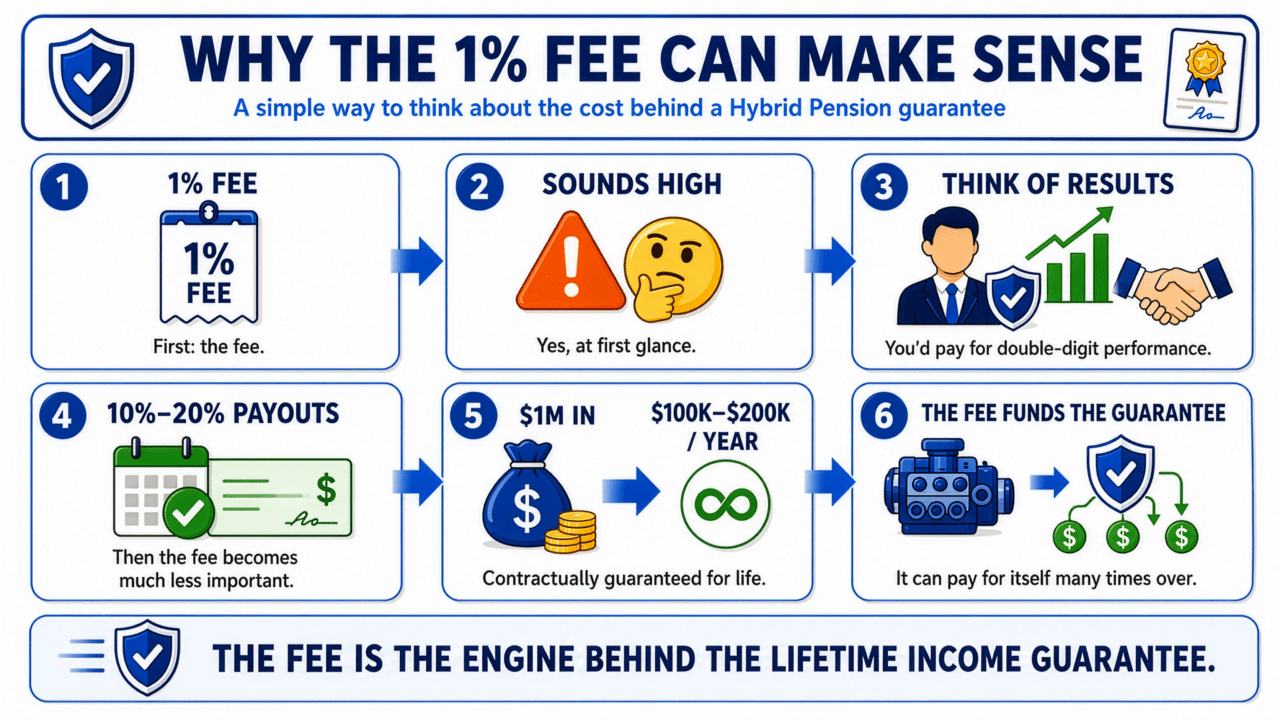 Why the 1% Fee Can Make Sense 6-step infographic explaining why a 1% income rider fee makes sense on a Hybrid Pension, showing how it funds a contractually guaranteed 10% to 20% lifetime income payout