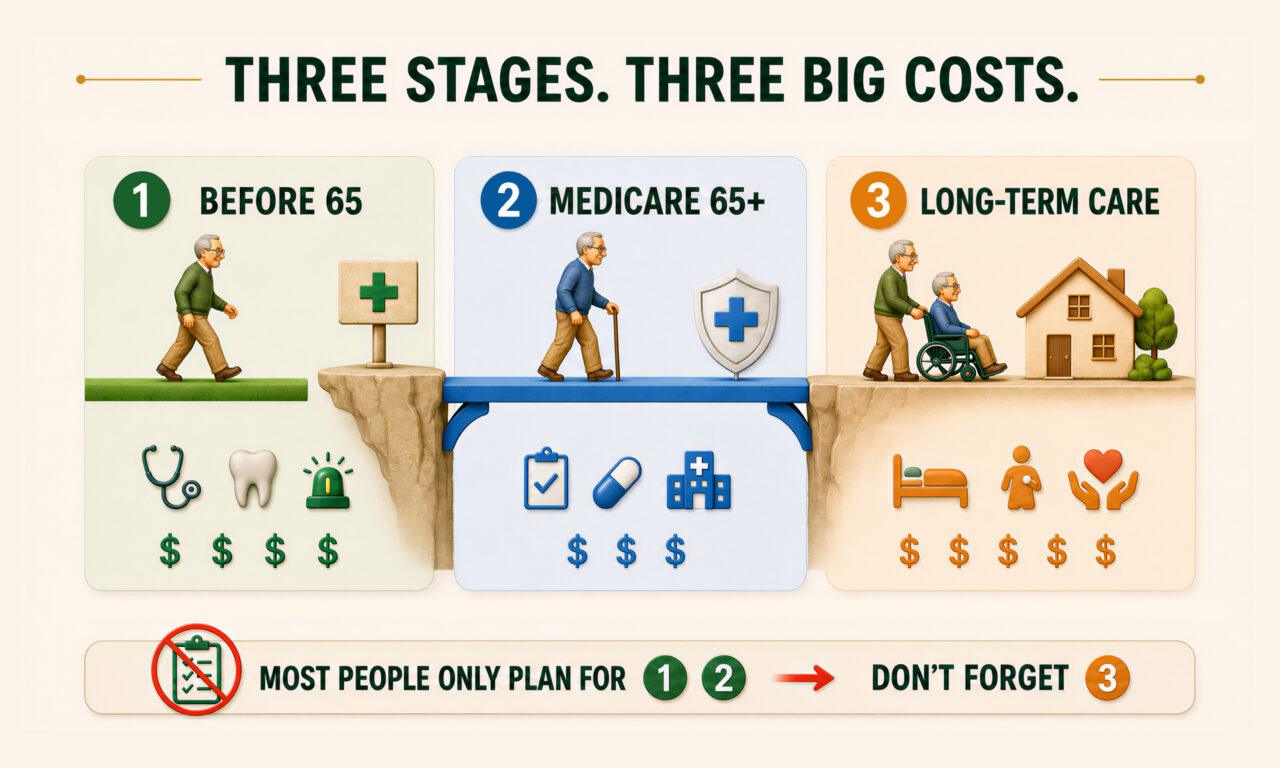 The Three Stages of Retirement Healthcare Costs Infographic showing the three stages of retirement healthcare costs: pre-65 coverage, Medicare, and long-term care