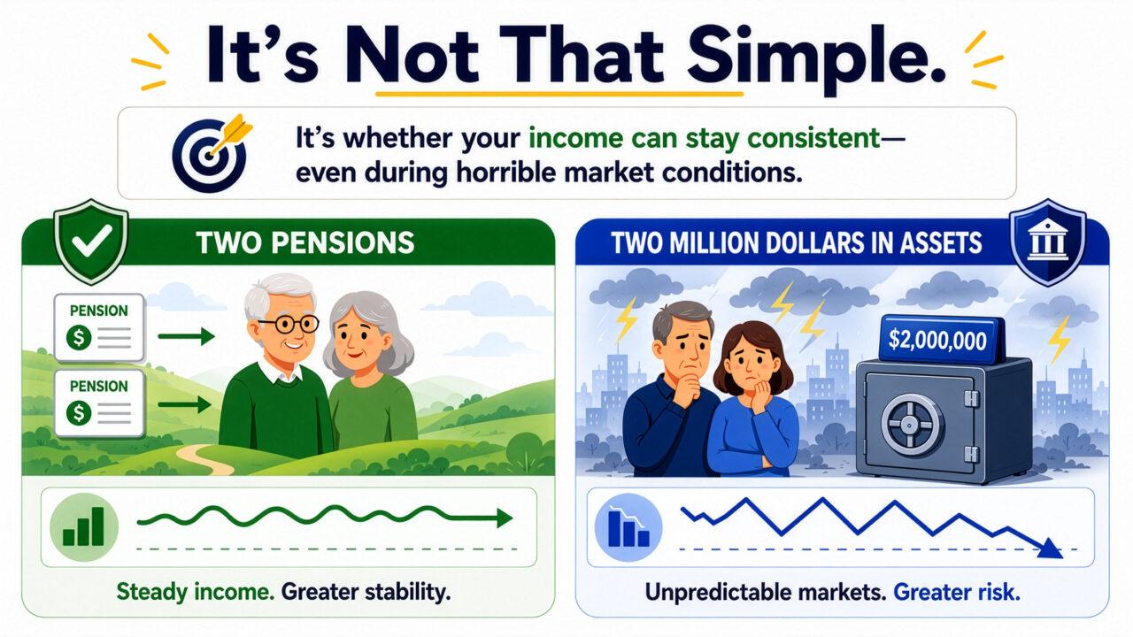 It's Not That Simple: Pensions vs. Assets Comparison graphic showing two pensions providing steady, stable income versus two million dollars in market assets facing unpredictable markets and greater risk
