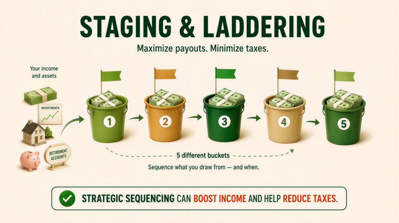 Staging and Laddering: The 5-Bucket Strategy Staging and Laddering strategy showing retirement savings divided into five sequenced buckets to maximize payouts and minimize taxes