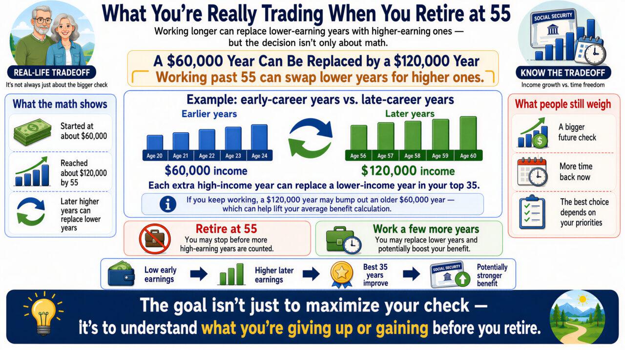 What You're Really Trading When You Retire at 55 Infographic showing how working past 55 can replace lower-earning early-career years with higher-earning later years in your Social Security benefit calculation, using a $60,000 to $120,000 example