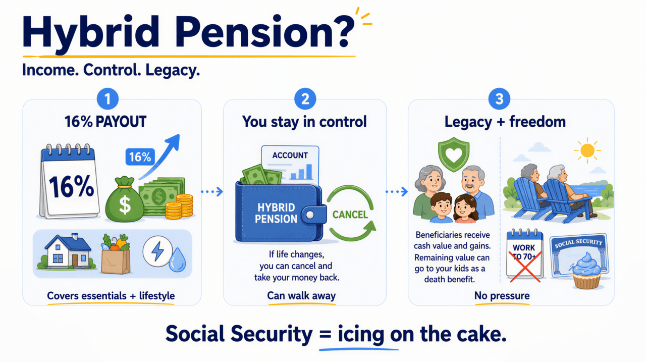 Hybrid Pension: Income, Control, Legacy Infographic showing three benefits of a Hybrid Pension: a 16% payout covering essentials and lifestyle, staying in control with the ability to cancel and take your money back, and legacy plus freedom from working past 70 just for Social Security
