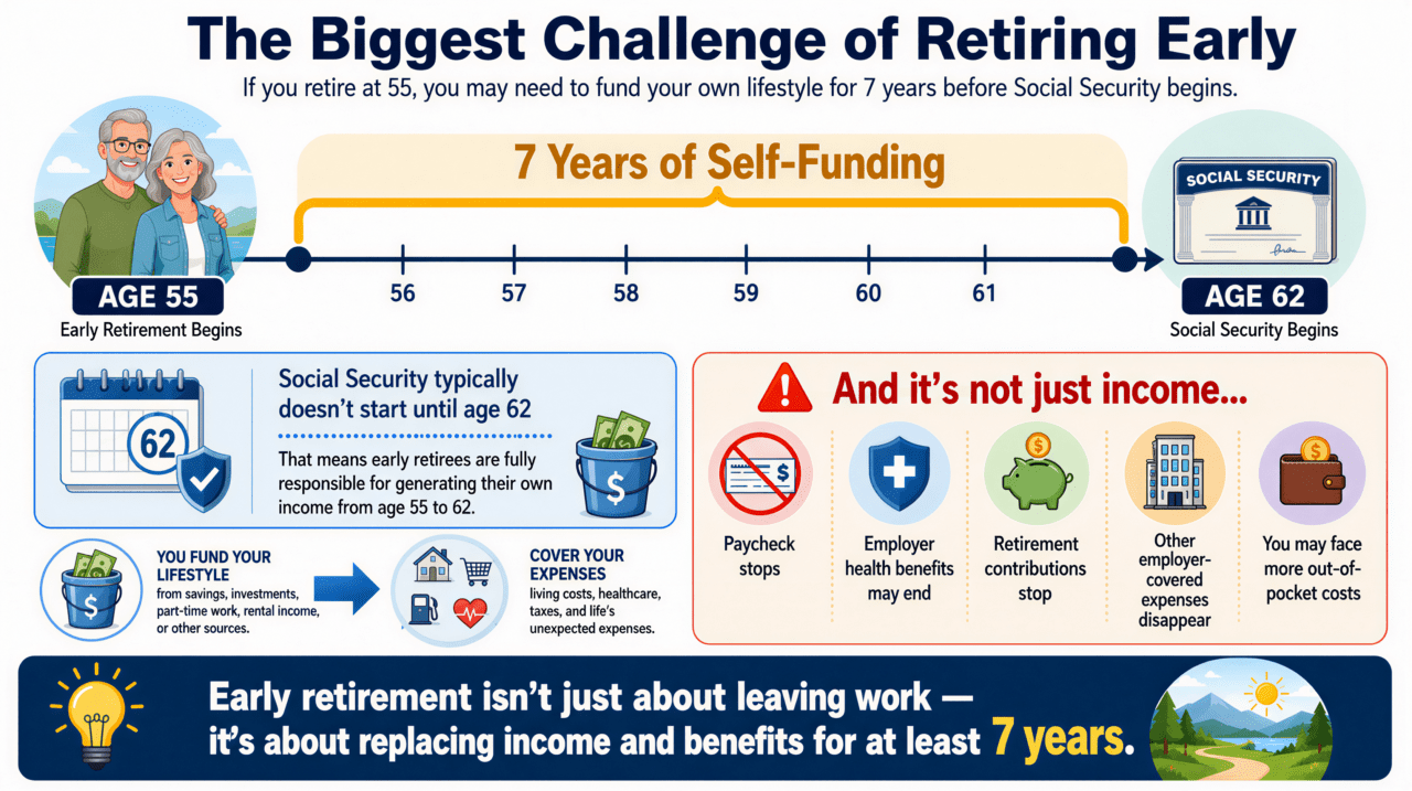 The 7-Year Self-Funding Gap Timeline infographic showing the 7-year self-funding gap between retiring at age 55 and Social Security beginning at age 62