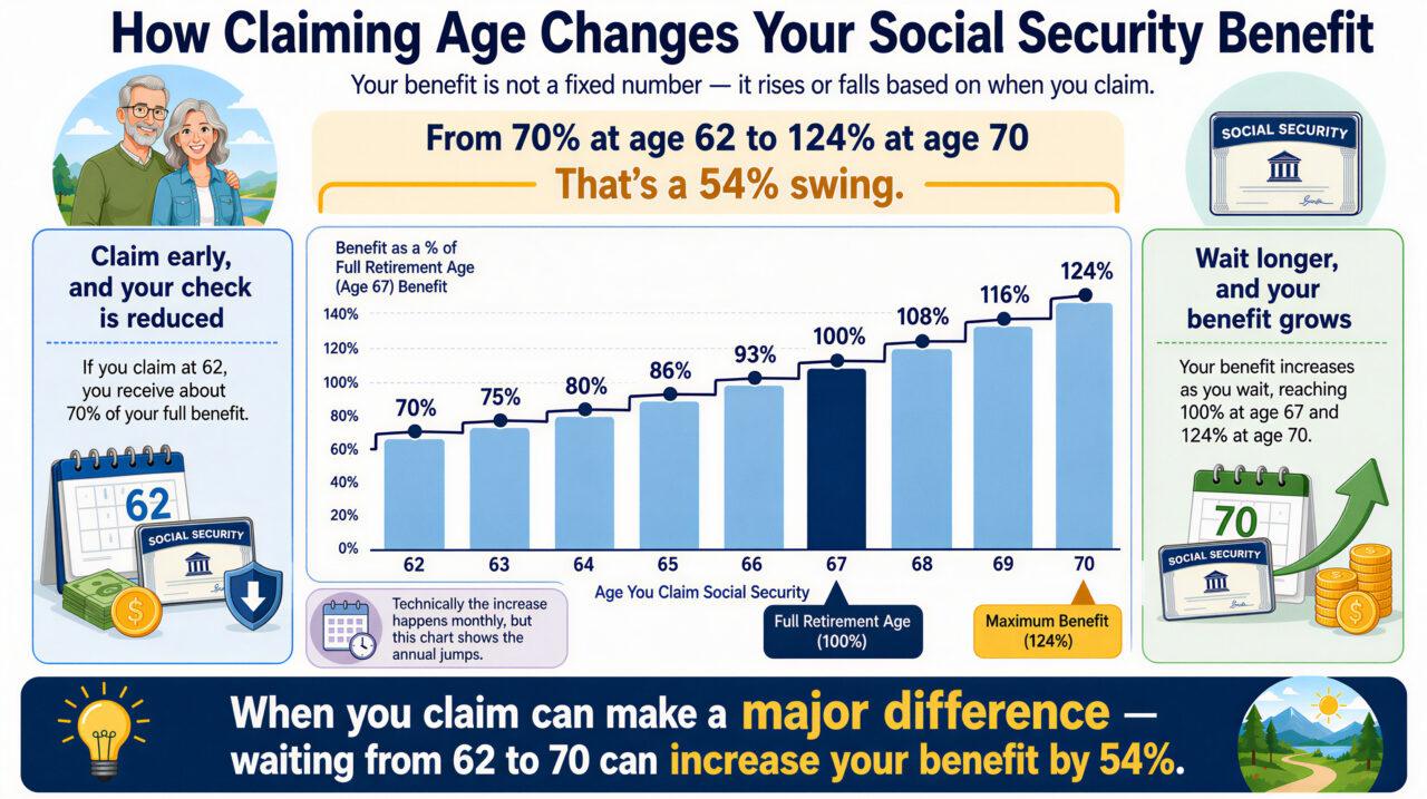 How Claiming Age Changes Your Social Security Benefit Bar chart showing Social Security benefit percentages by claiming age, from 70% at age 62 to 100% at full retirement age 67, up to 124% at age 70