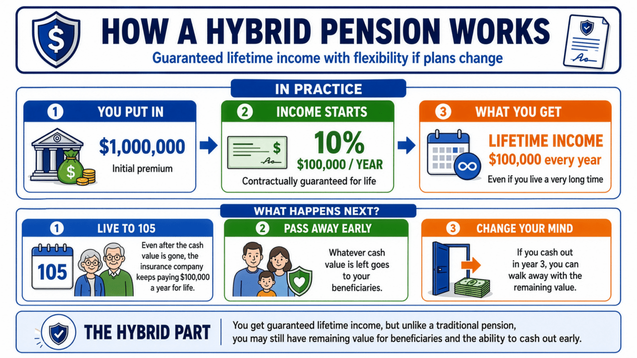Hybrid-Pension-In-Practice Infographic explaining how a Hybrid Pension works: deposit a premium, receive contractually guaranteed lifetime income, keep access to cash value, and pass remaining balance to beneficiaries