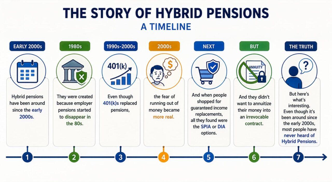 Hybrid-Pensions-Intro-Since-2000s-chart Timeline of hybrid pensions: employer pensions disappeared in the 1980s, 401(k)s replaced them, and hybrid pensions emerged in the early 2000s as a guaranteed income alternative
