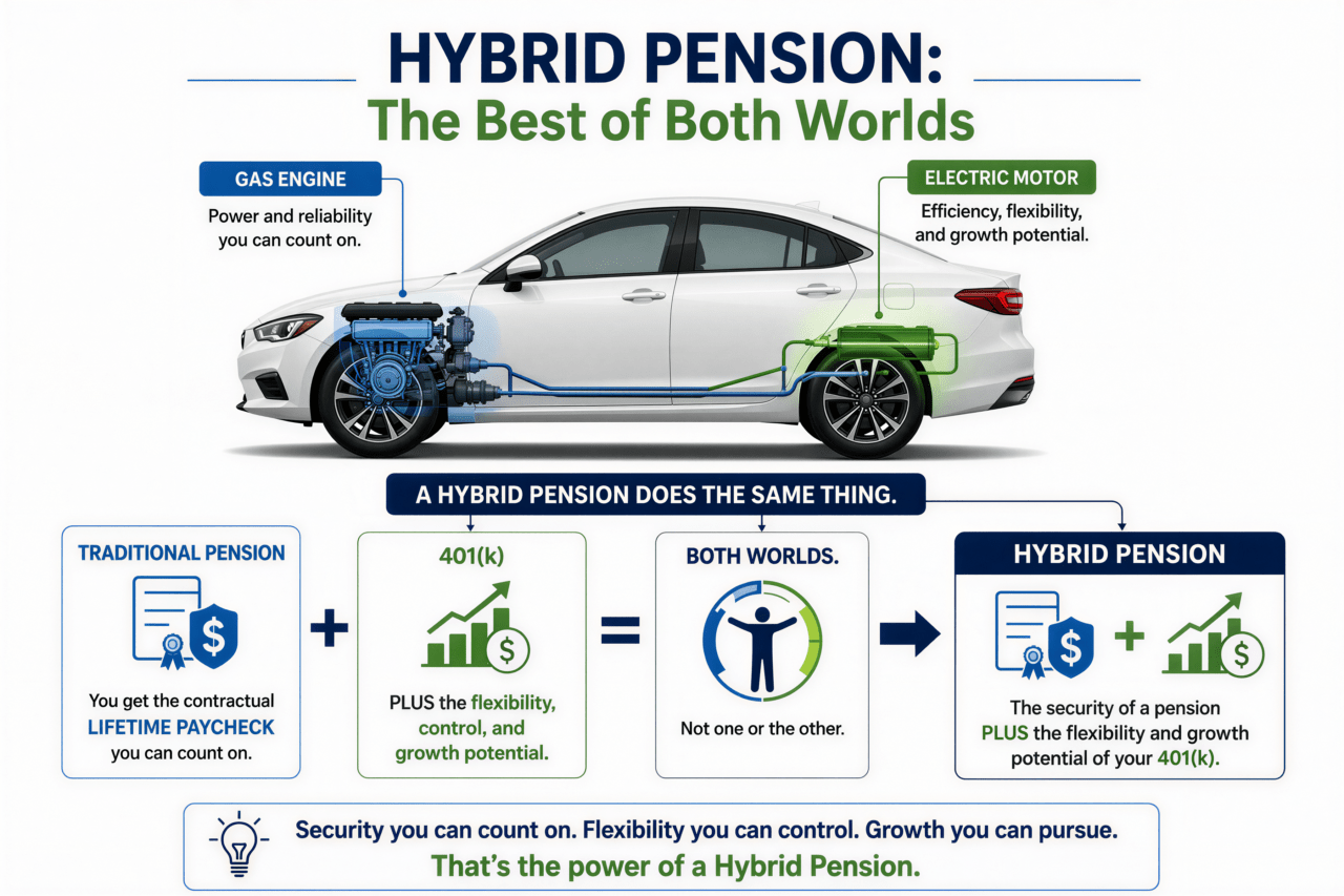 Hybrid Pension: The Best of Both Worlds Infographic comparing a Hybrid Pension to a hybrid car, combining the guaranteed lifetime paycheck of a traditional pension with the flexibility and growth potential of a 401(k)