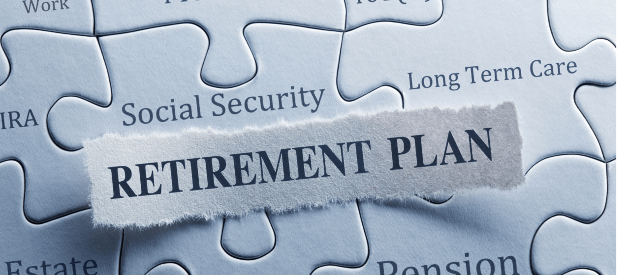 Puzzle pieces labeled with retirement planning elements including Social Security, 401(k), pension, Medicare, and long-term care