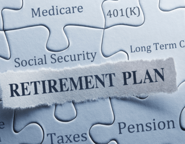 Puzzle pieces labeled with retirement planning elements including Social Security, 401(k), pension, Medicare, and long-term care