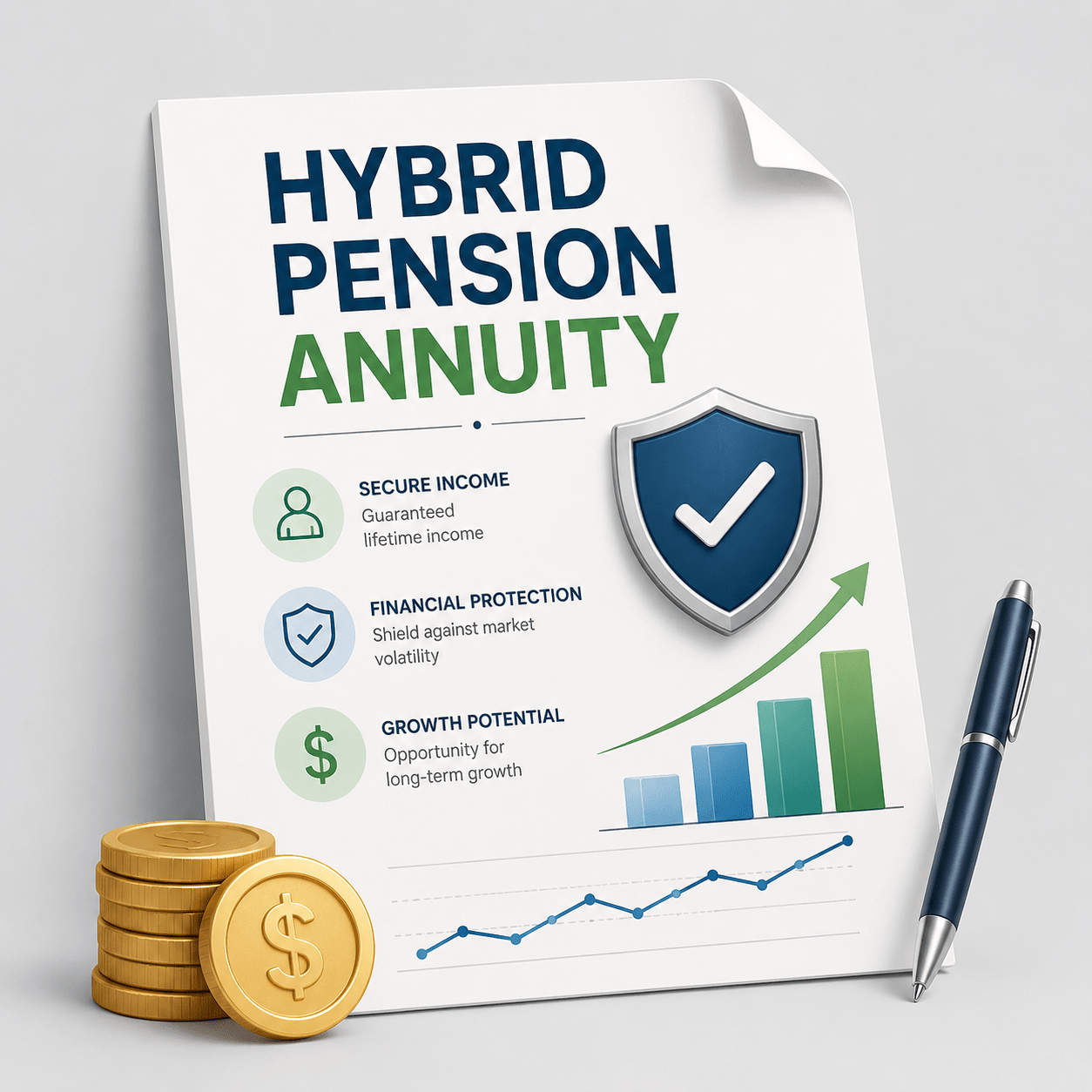 Hybrid Pension: Secure Income, Protection, and Growth Infographic summarizing a Hybrid Pension: secure guaranteed lifetime income, financial protection from market volatility, and growth potential