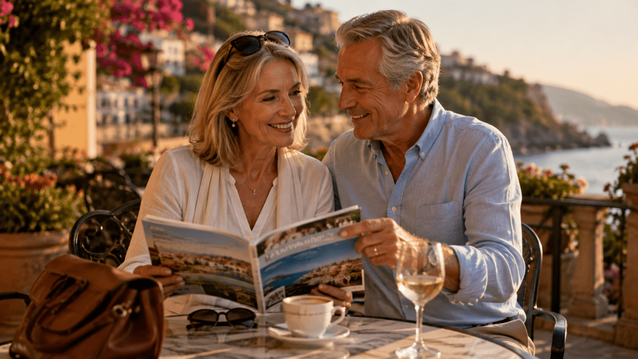The License to Spend A retired couple smiling and reading a travel magazine at an outdoor coffee table overlooking the coast, representing spending freely without guilt