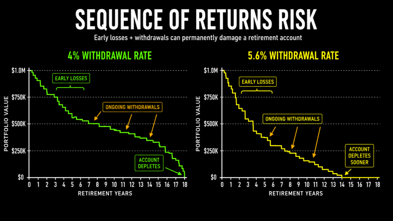 Sequence of Returns Risk Chart comparing portfolio depletion under sequence-of-returns risk at a 4% withdrawal rate versus a 5.6% withdrawal rate over 18 years of retirement