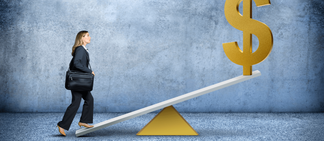 A businesswoman walking up a seesaw toward a large dollar sign, representing how leverage can grow small principal into outsized income